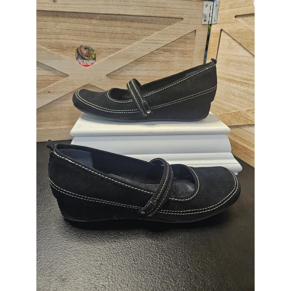 Bandolino Wedge Mary Jane Sandals Women 7.5 Black Suede Contrast Stitching #627